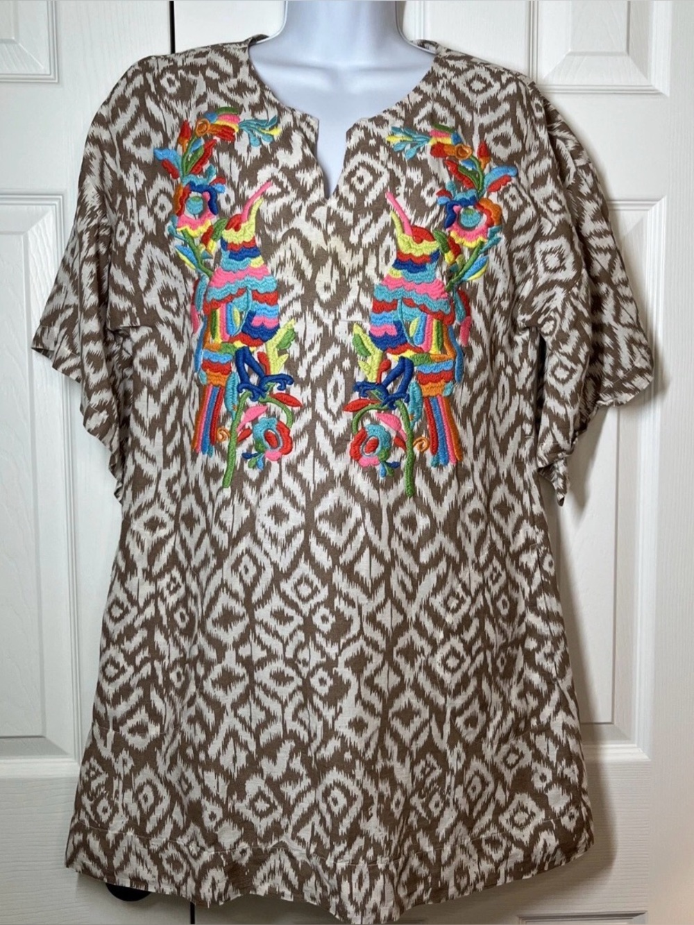 Uncle Frank Taupe Ikat Blouse with Multicolor Embroidery